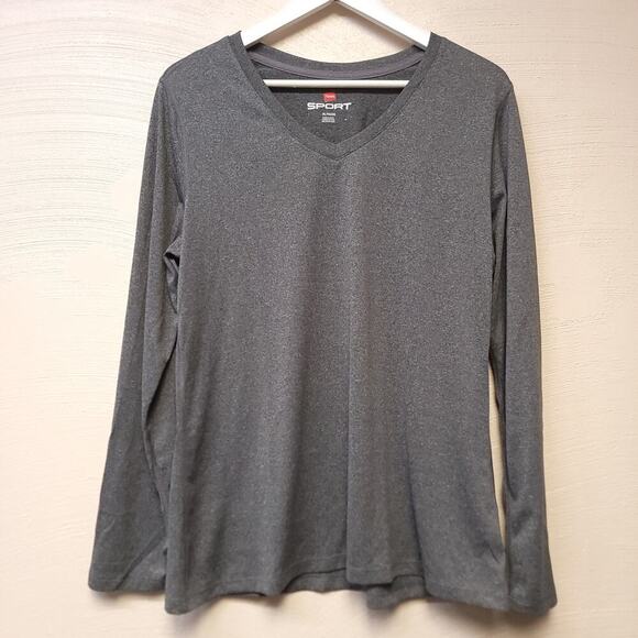 Hanes Sport Shirt Size Xl Long Sleeve Gray Silky Feel Stretch Athletic T V Neck - Picture 1 of 6